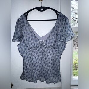 Princess Polly Blue Plaid Tie Front Blouse Flutter Sleeve Sheer Top Size S